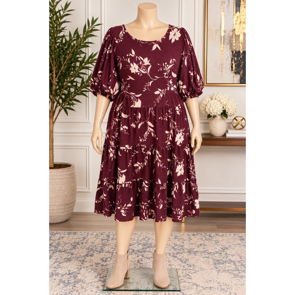 Ava & Viv Womens Tiered Dress Burgundy Floral Puff Sleeve Size 3X